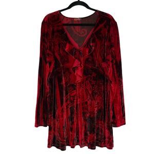 VTG DB Sport red velvet tunic blouse ruffled V-neck 1X romantic renaissance